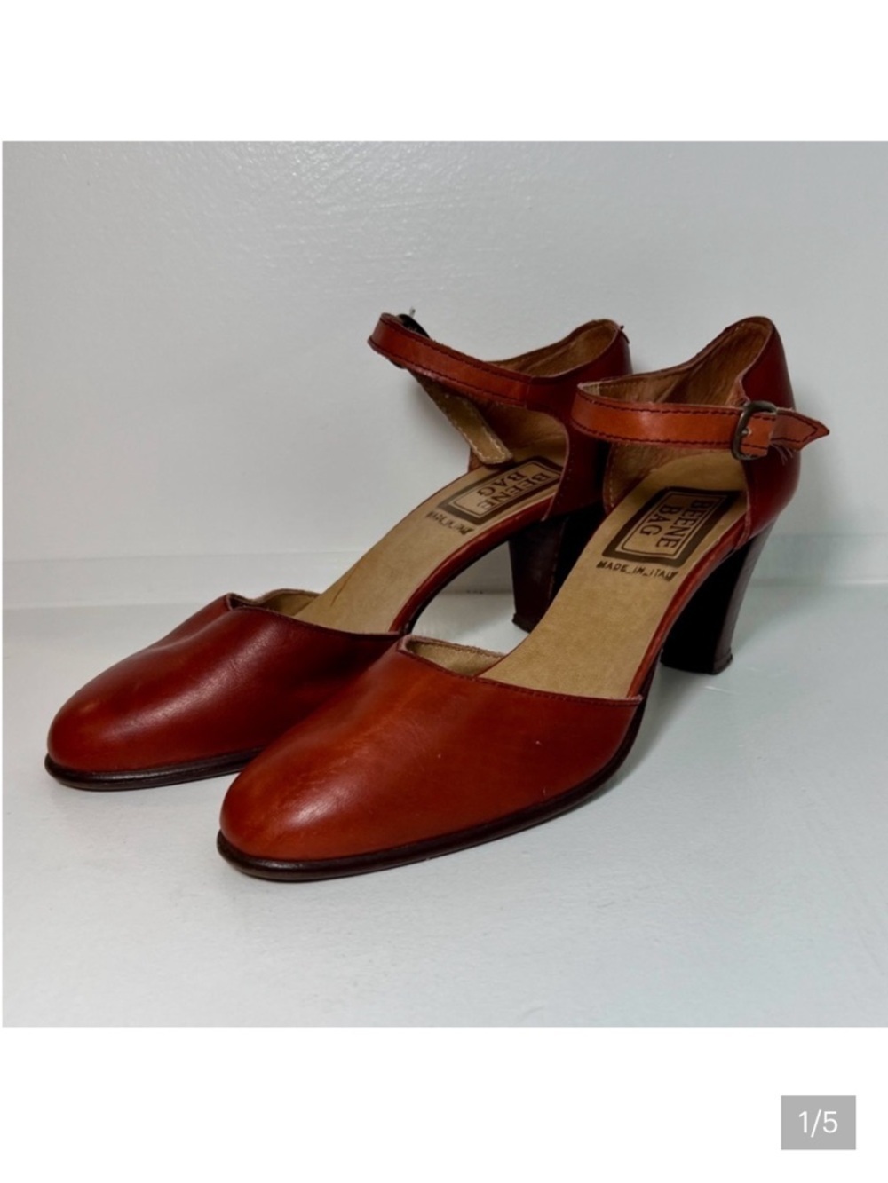 Vintage Beene Bag Italian Leather Mary Jane kitten Heels Brown Size 5.5